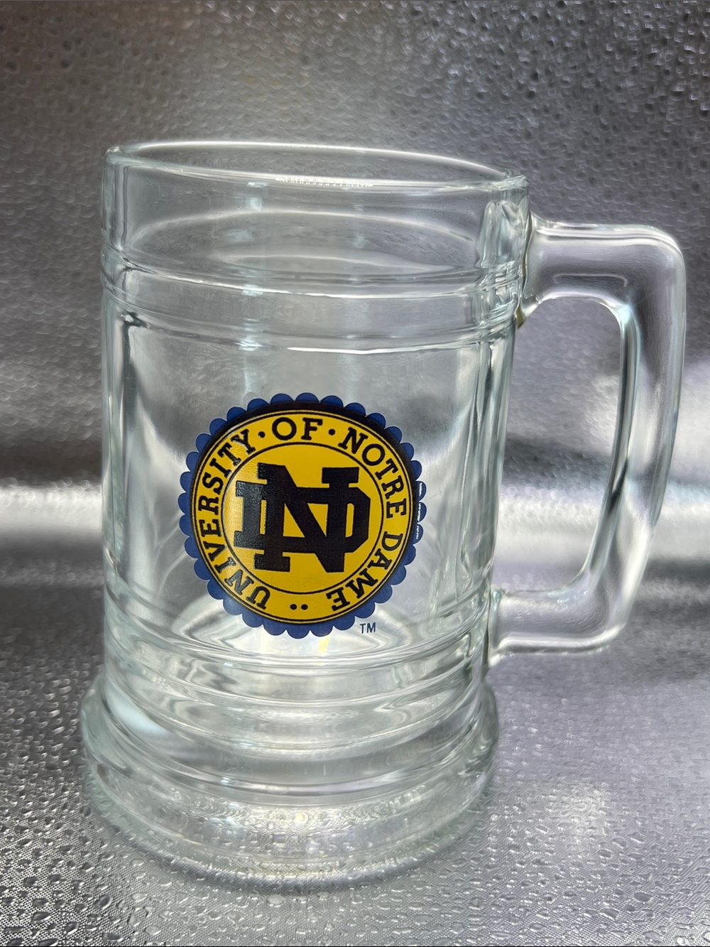 University of Notre Dame Clear Glass Stein with Yellow & Blue Logo